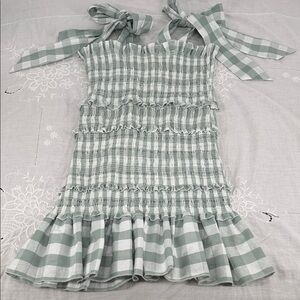 Mable Dress Wm Large Buffalocheck Plaid Smocked Mini Ruffle Tie Straps Green